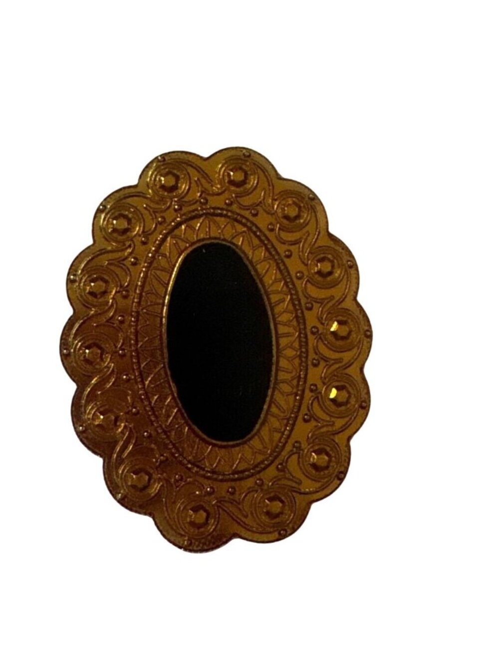 Vintage 80's Gold-Tone Scalloped Oval Brooch With Black Center Stone